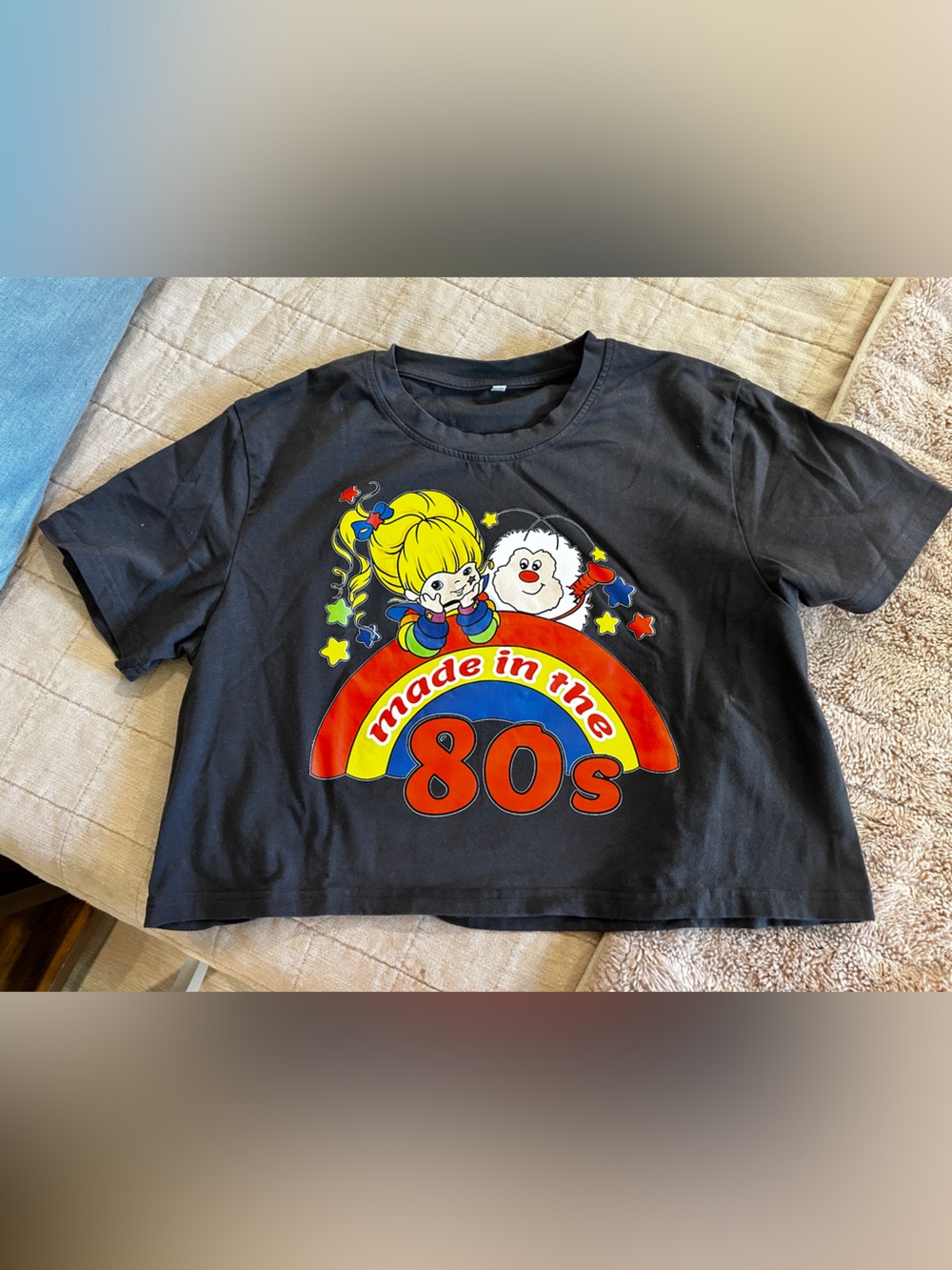 Source Unknown Black Crop Top with Red, Yellow and Blue Retro Graphic